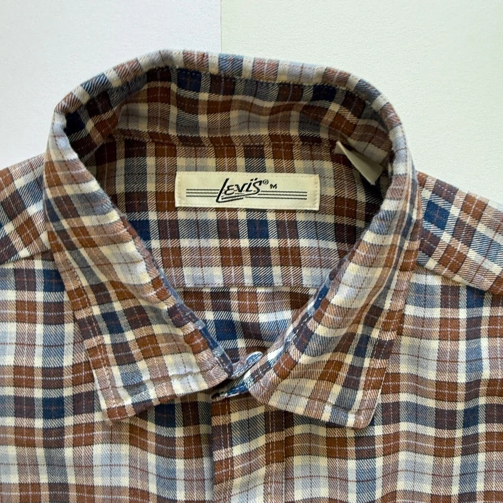 VTG 1970s Levi's Button Up Shirt Brown Plaid Mens Shirt Size Medium‎